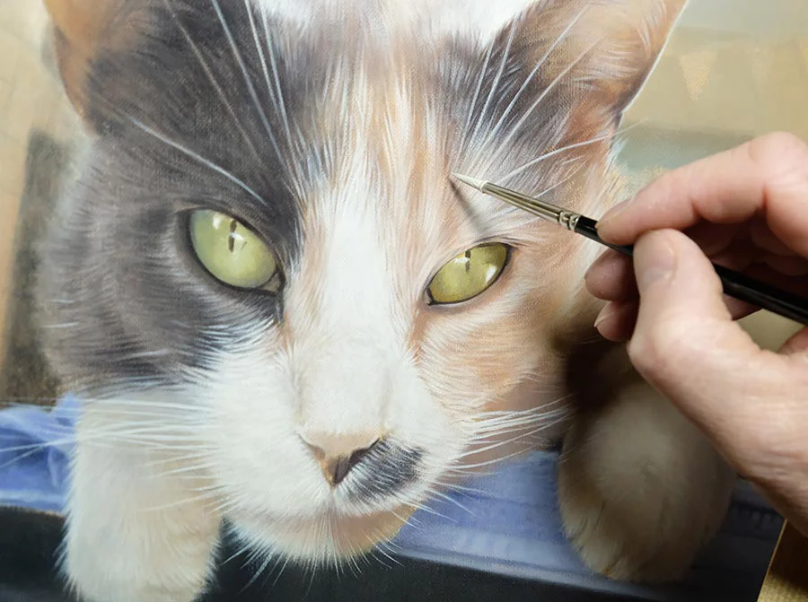 Mitzy's framed cat oil painting, showcasing the elegant frame chosen for the portrait.