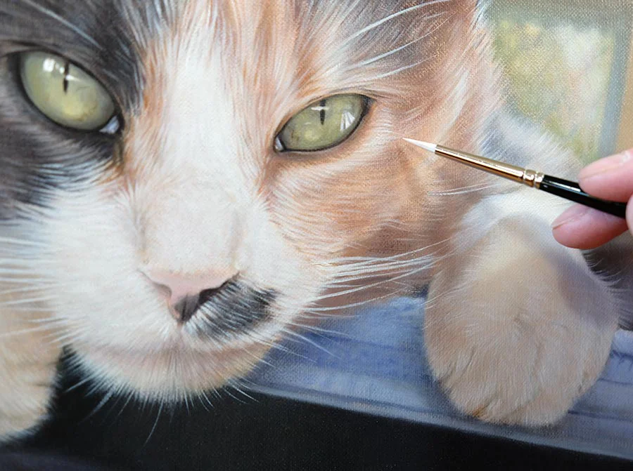 Close-up of Mitzy's framed cat oil portrait, highlighting intricate fur and eye detail.