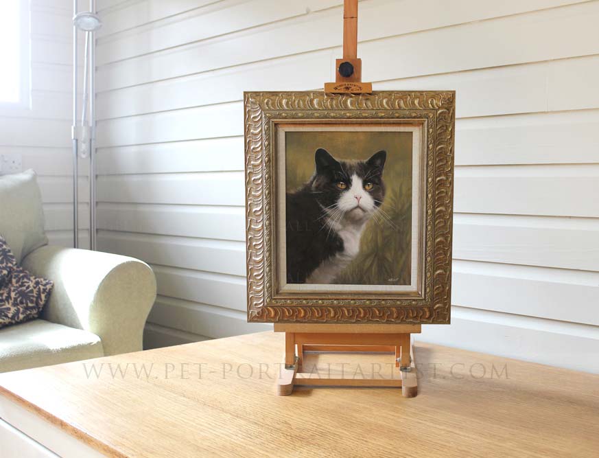 oil painting of Prudy framed by Jane our pet portraits framer