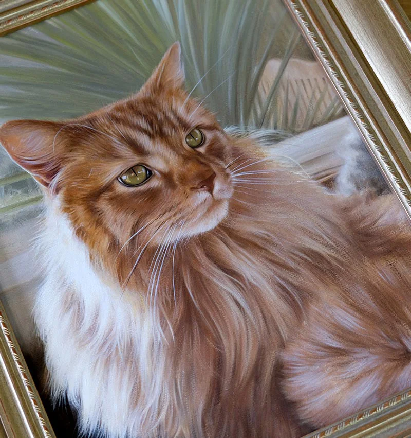 Roly's beautifully framed cat oil portrait, ready for display.