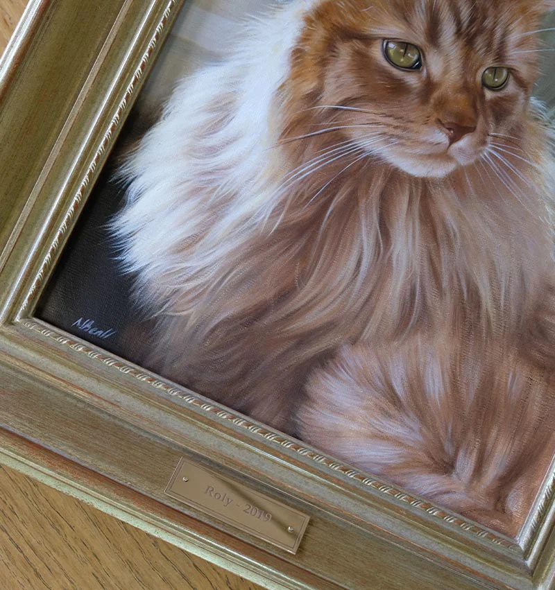 Roly's framed cat portrait displayed in a home setting, blending with the interior.