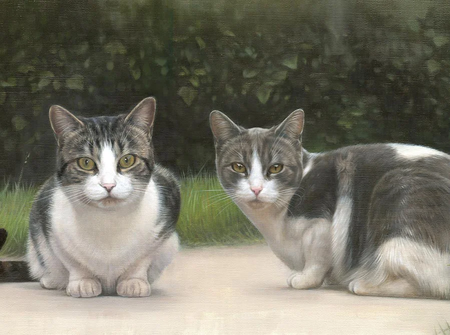 Milly and Molly, a bespoke double cat portrait in oils by Nicholas Beall, showing their bond.