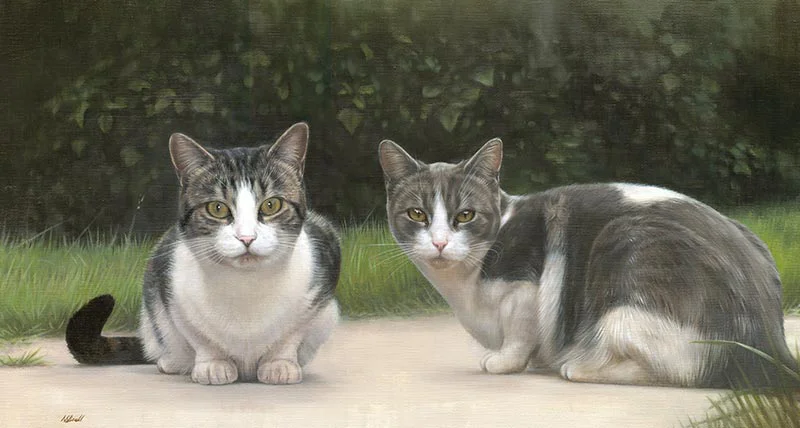 Close-up full view of the oil painting featuring two cats, Milly and Molly, showcasing fine details.