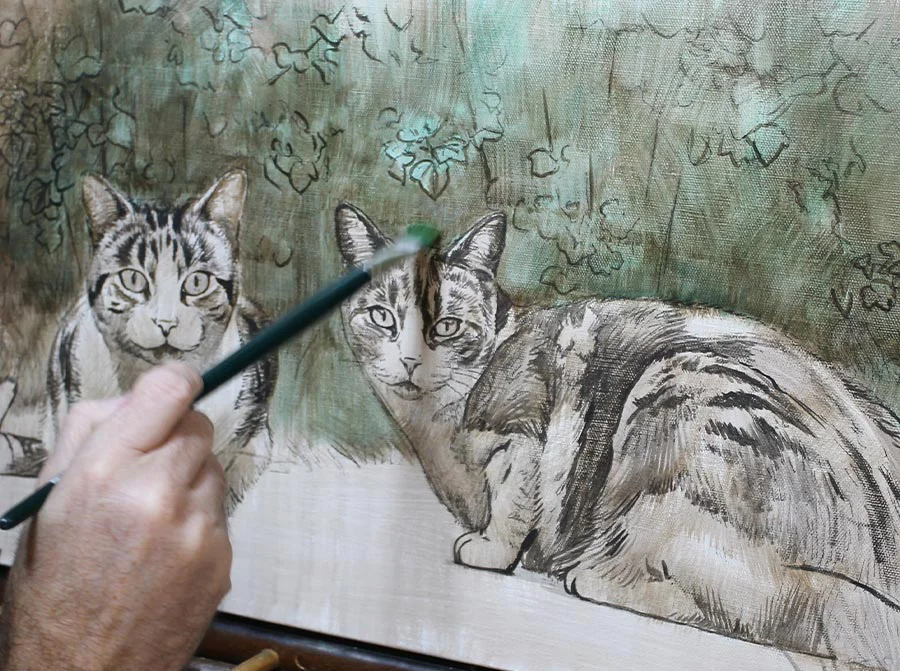 Framed oil painting of two cats, Milly and Molly, showcasing the elegant frame.