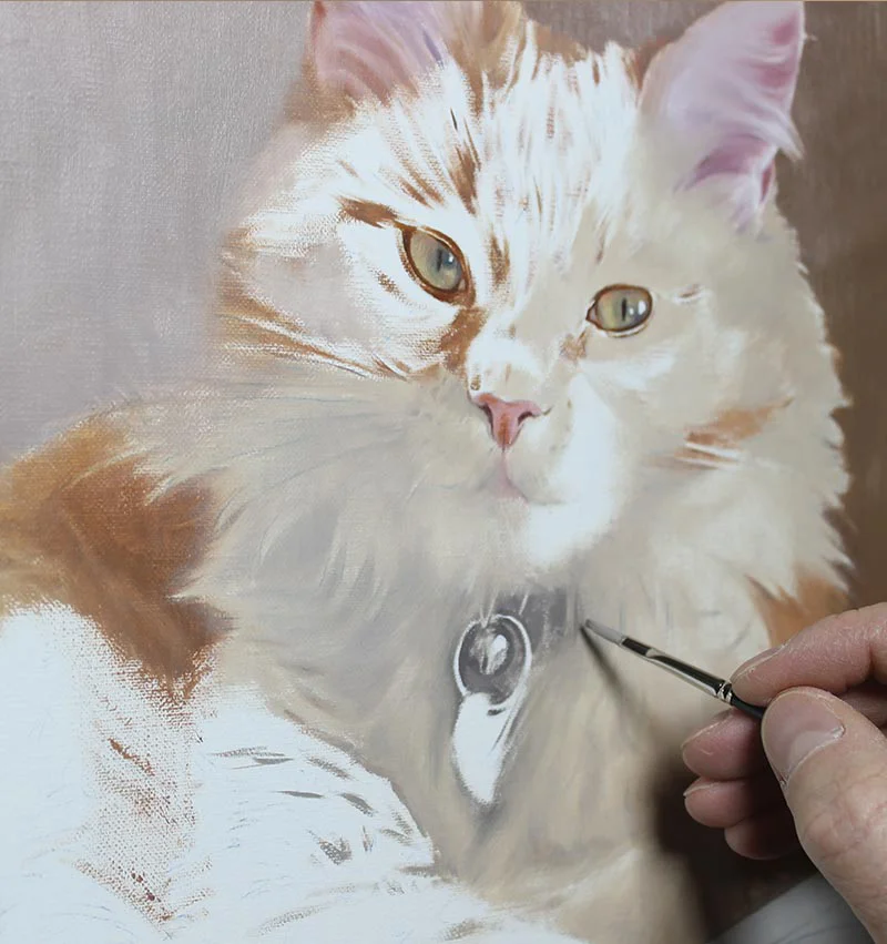 Dudley's cat portrait in oils, showing work in progress with initial color layers.