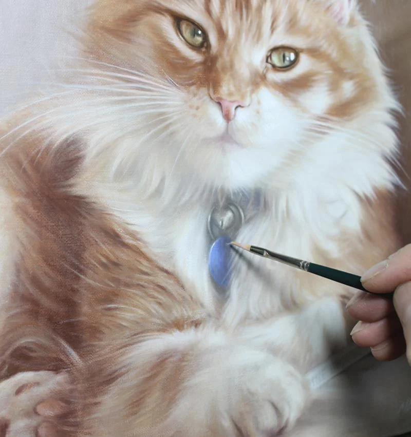 Dudley's cat portrait oil painting, showing a stage close-up of refined details.