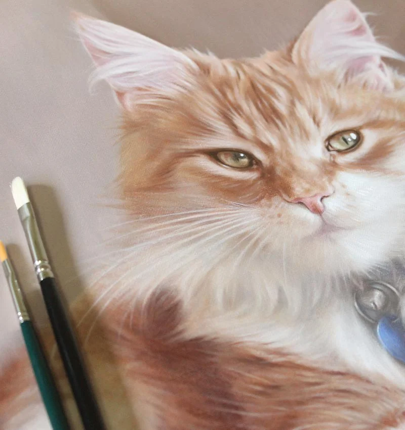 Detailed view of Dudley's cat painting, highlighting eyes and fur texture.