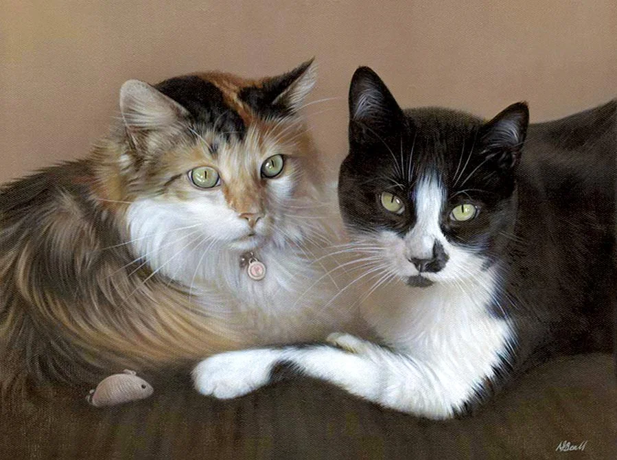 Double cat portrait in oils of Ginger and Maggie by Nicholas Beall, captured together.
