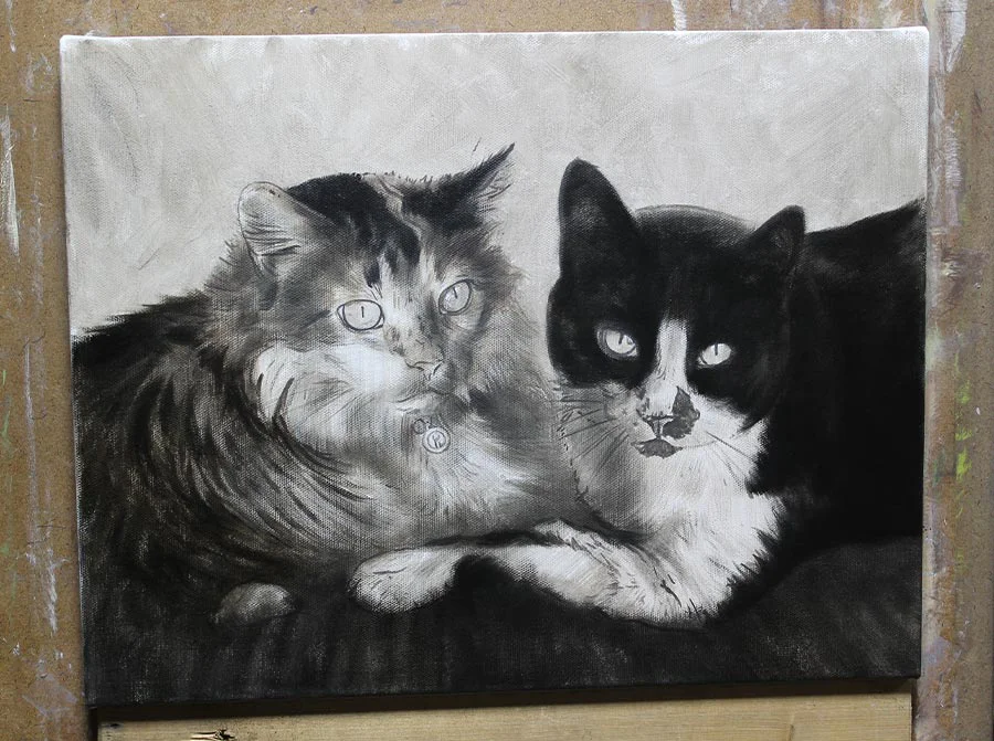 Ginger and Maggie's cat portrait in oils, showing initial work in progress on the canvas.