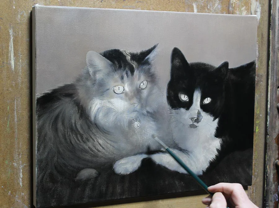 Ginger and Maggie's oil cat portrait, showing the mid-progress stage with developing details.