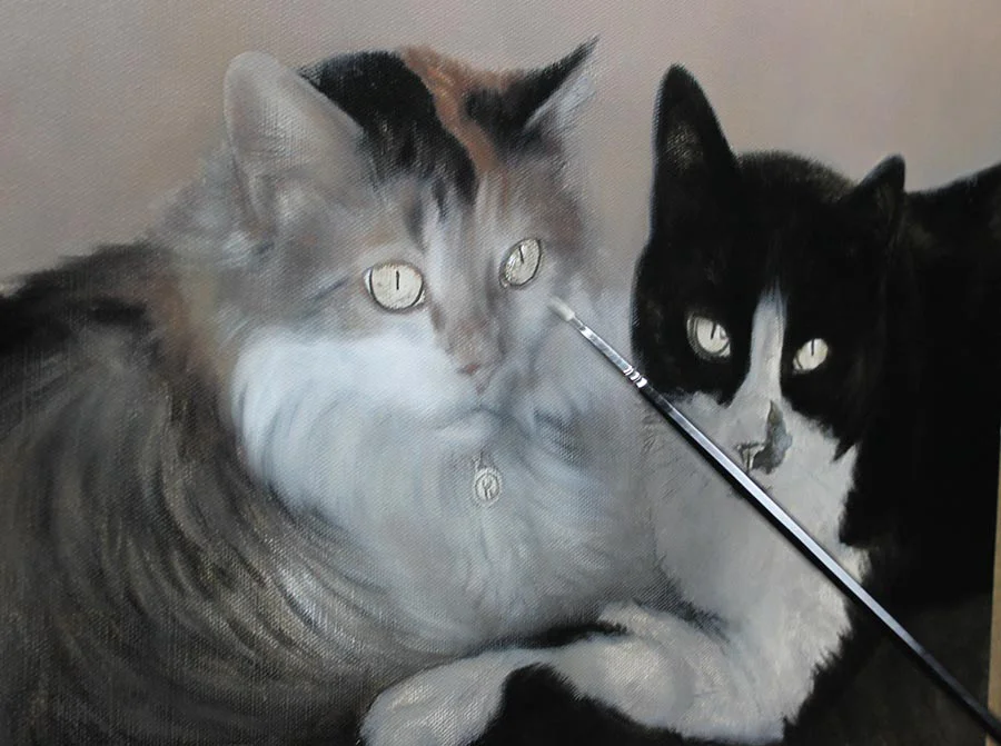 Ginger and Maggie's cat oil painting, showing layering in progress with brushwork visible.