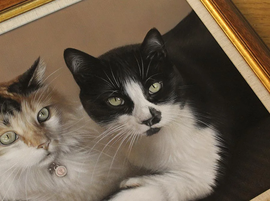 Ginger and Maggie's cat oil portrait, beautifully framed and hung in a home.