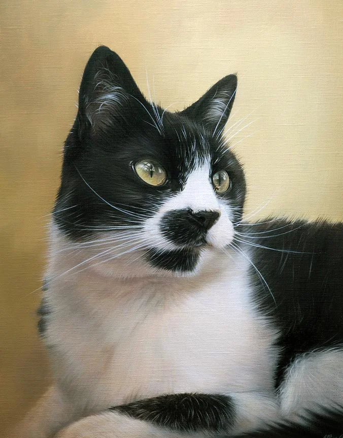 Traditional oil painting of Tiddles the cat, capturing her playful essence.