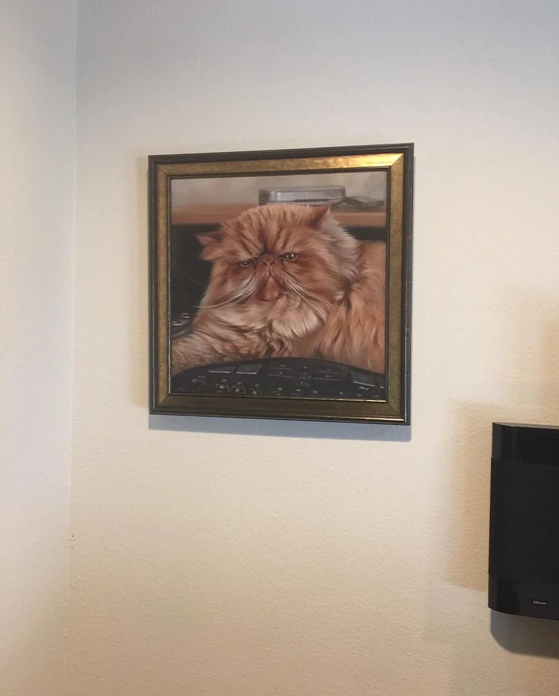 Client displaying the cat portrait of Puff on their wall.
