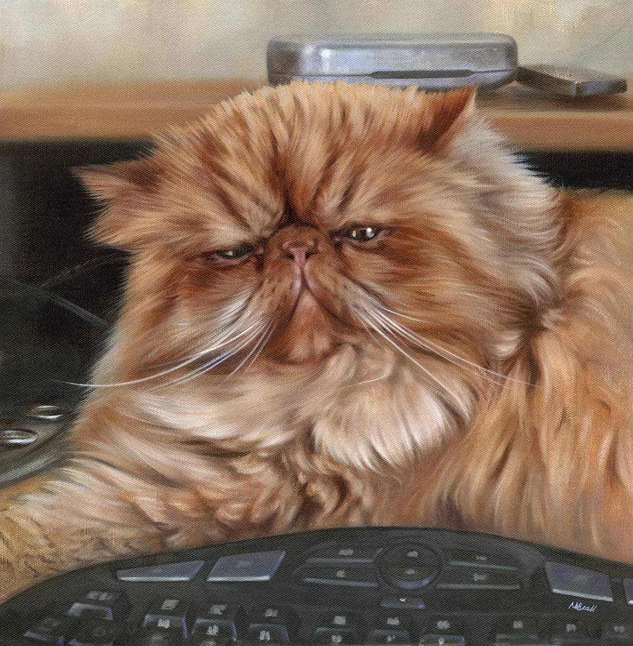 Puff the cat sitting next to a keyboard for his oil portrait.
