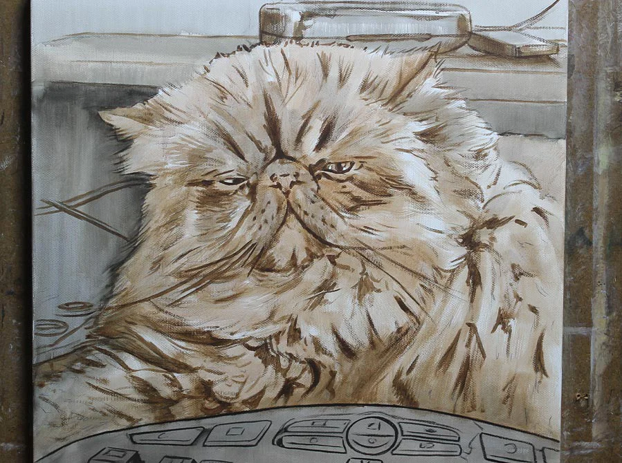 Cat oil painting of Puff in progress, showing the first stage.