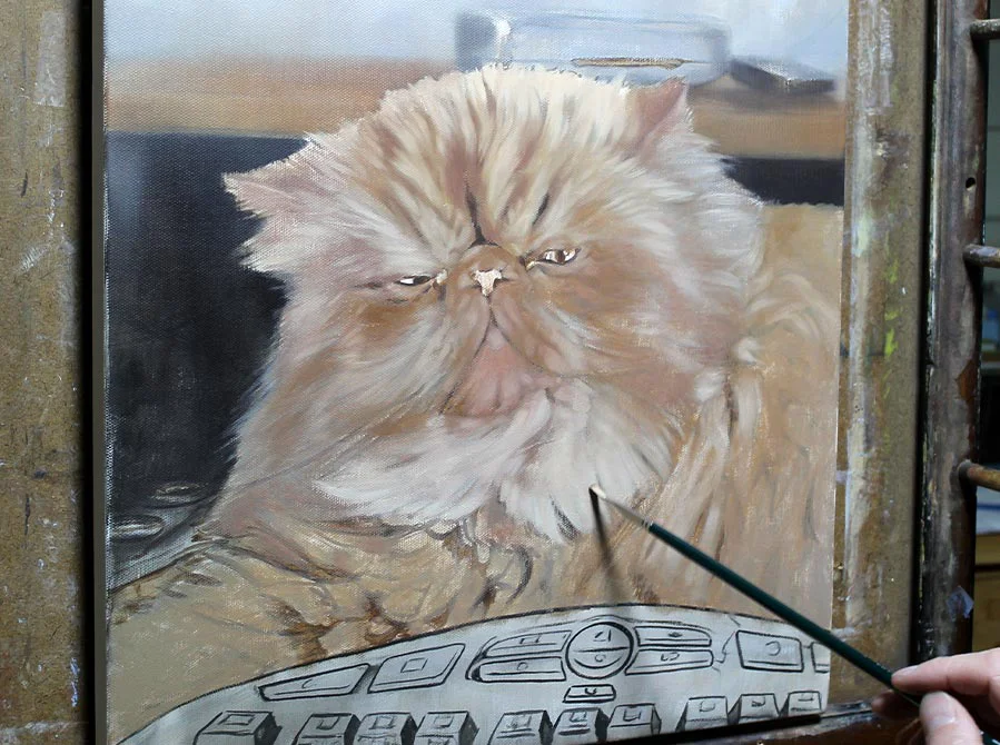 Cat oil painting of Puff in progress, showing the second stage of development.