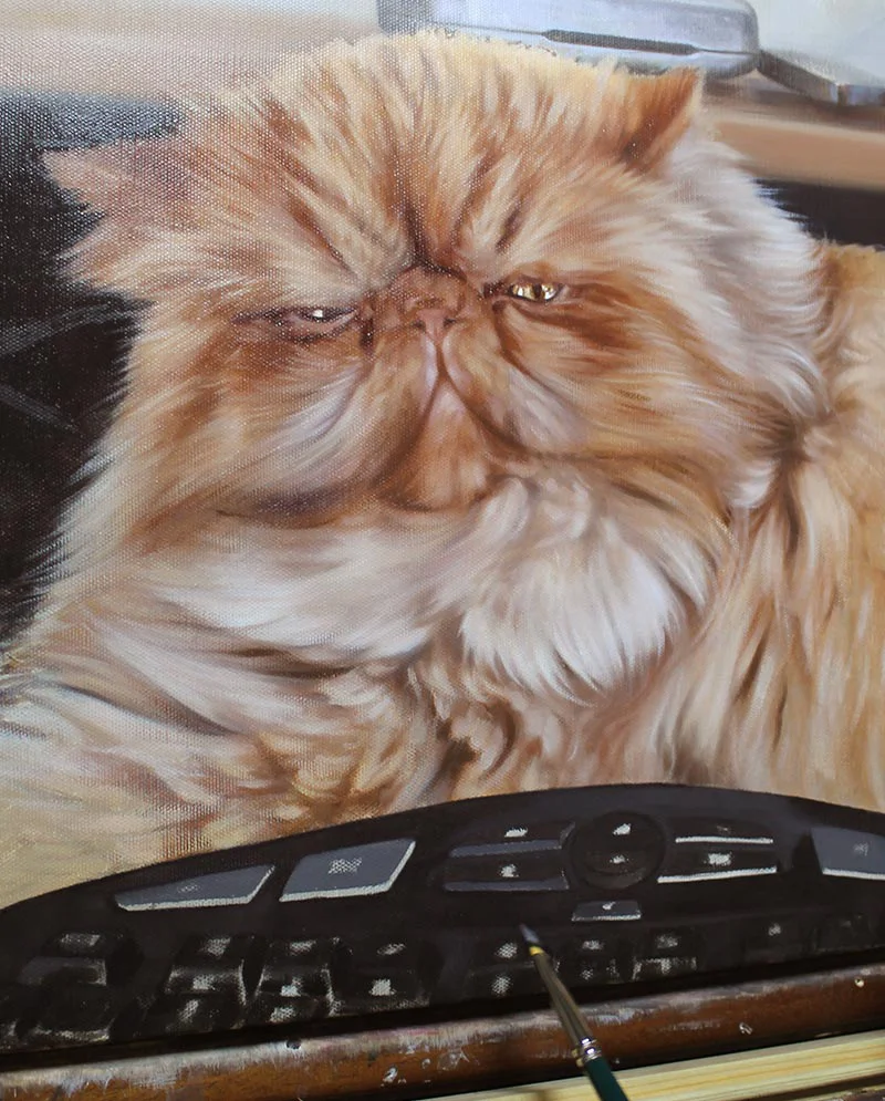 Final oil painting of Puff the cat, showcasing the completed portrait.