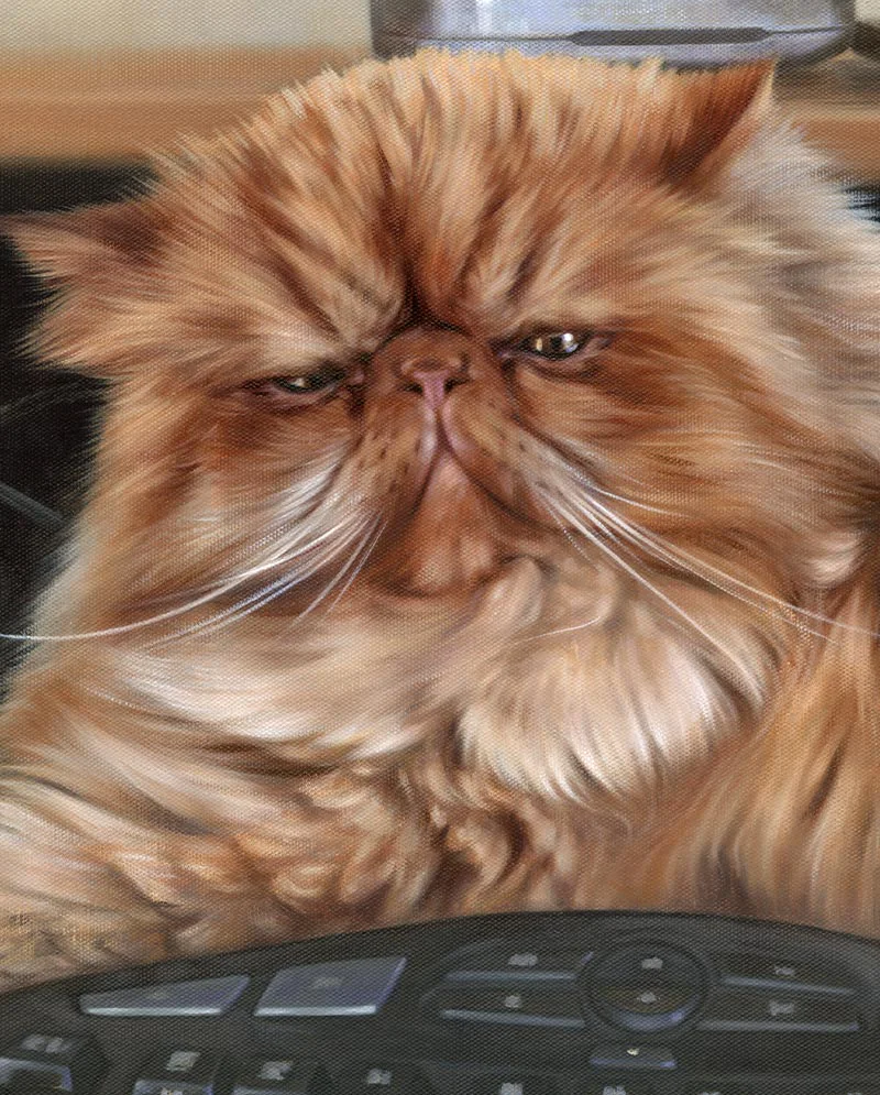 Close-up detail of the oil cat portrait of Puff.