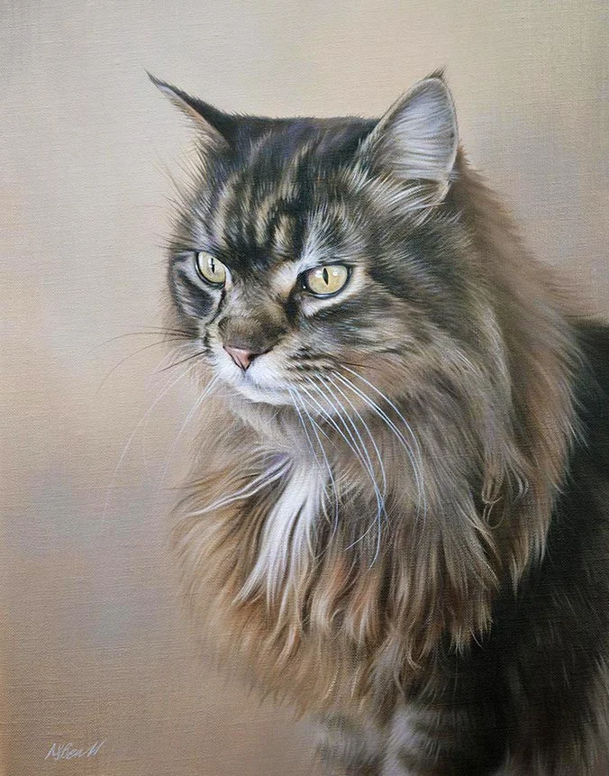 Hand-painted oil portrait of Max the cat, showcasing his unique features.