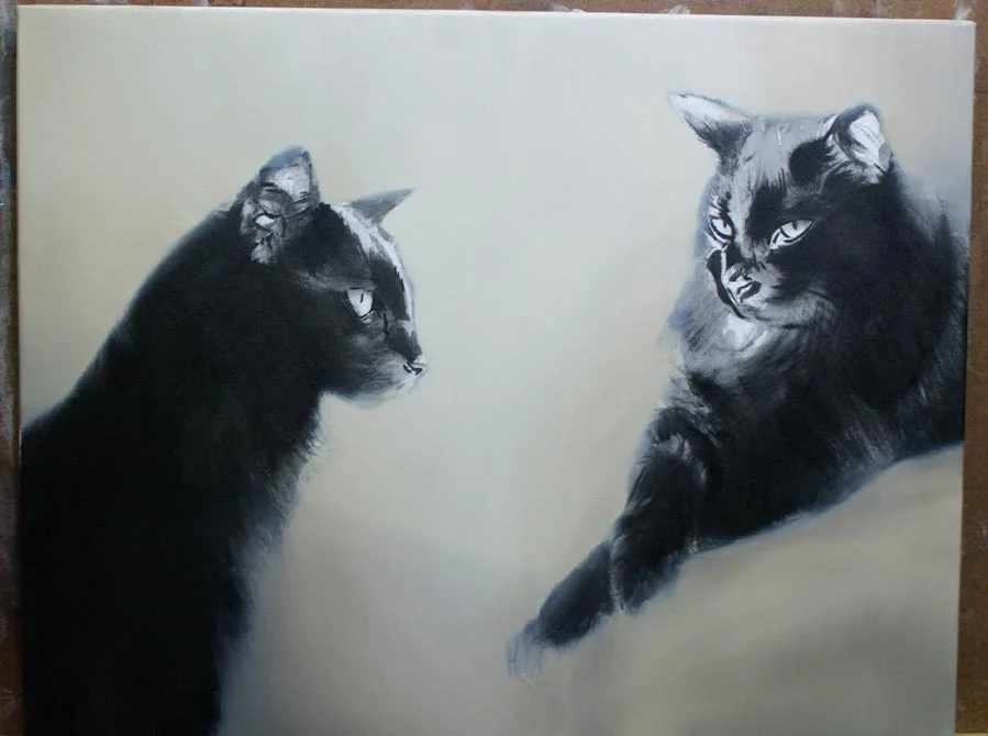 Work in Progress - Two Cat Portrait in Oils, early stage Work in progress of the two cat oil portrait, showing initial sketch and background