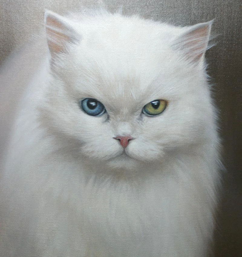 Close-up detail of Sophie's cat oil painting in progress, focusing on fur and eye texture.