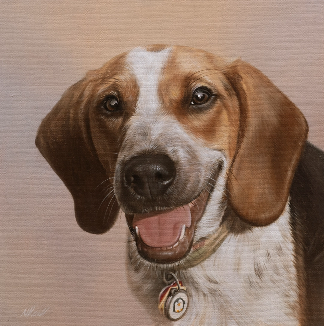 Oil portrait of Joey the Beagle by Nicholas Beall, showing his wide smile, large ears and penguin identity tag on linen canvas.