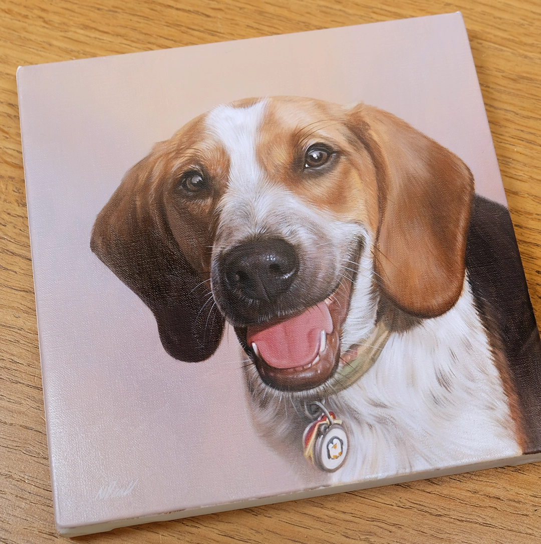Close-up of the unframed canvas of Joey's Beagle oil portrait resting on a wooden surface, showing the texture of the linen and brushwork detail.