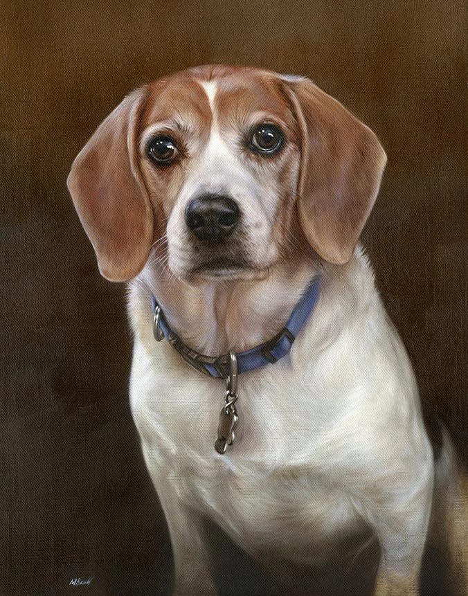 Oil painting of Christopher, a playful Beagle dog, with his expressive eyes and floppy ears, by Nicholas Beall.
