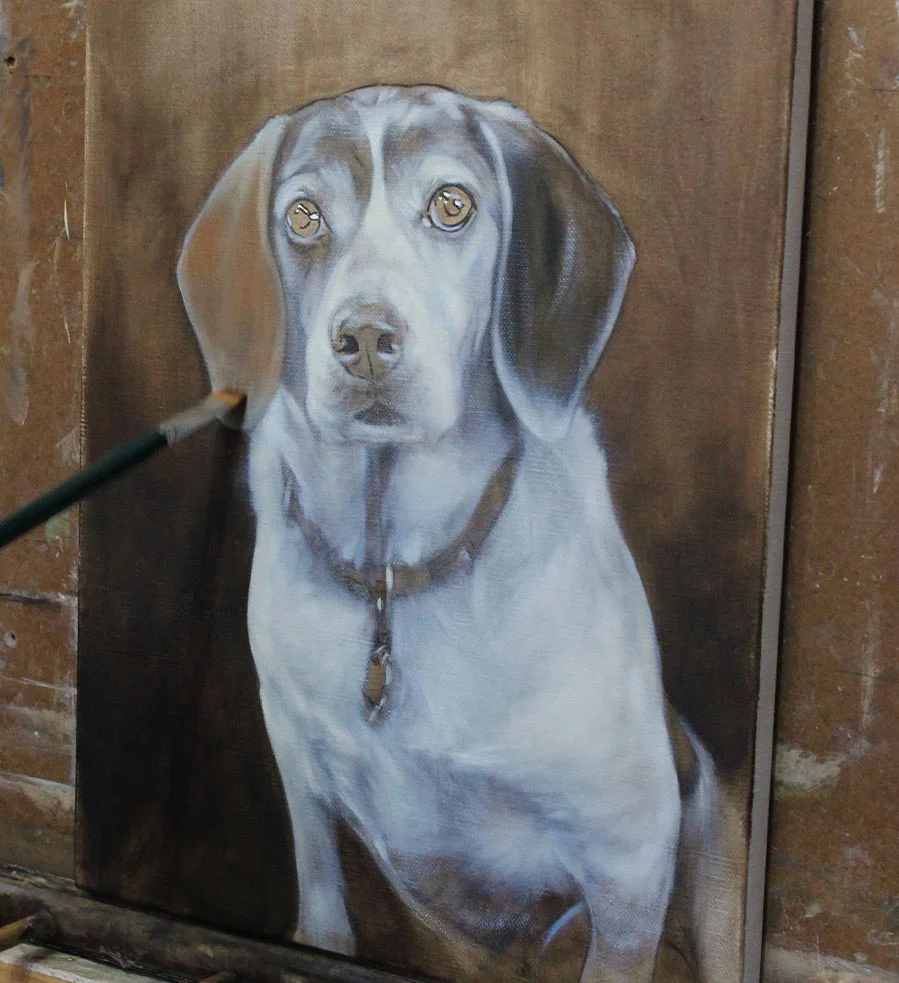 Oil portrait of a Beagle, showcasing the artist's fine detail work.