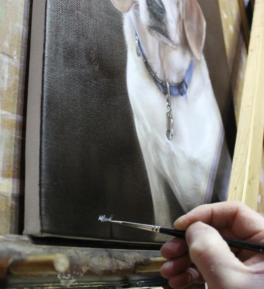 Beagle oil portrait with a classic, serene expression.