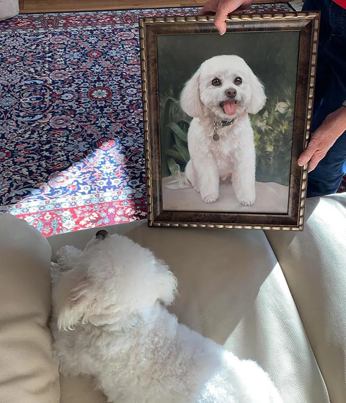 Happy client holding Lulu's completed framed oil portrait alongside the real Bichon Frise dog.