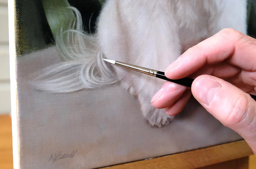 Another detailed view of the Bichon Frise oil painting highlighting the artist's technique on the dog's fur.