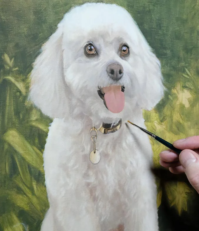 Close-up detail of oil painting technique and brushwork on Bichon Frise fur during creation.