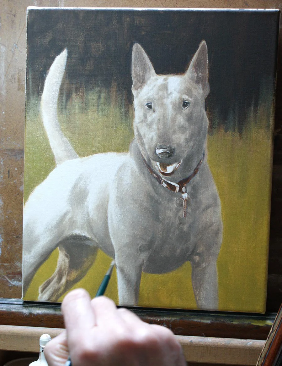 Close-up of Millie the Bull Terrier oil painting, showing brushstroke detail.