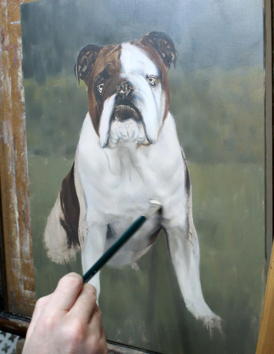 Close-up detail of the Bulldog oil painting, showing brushwork and fur texture.