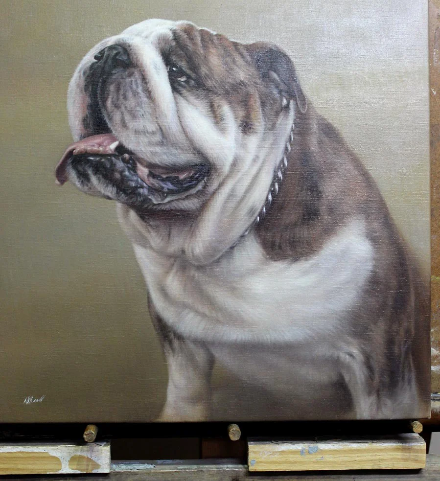 Brushstroke texture visible on the oil painting of the Bulldog's muzzle and face.