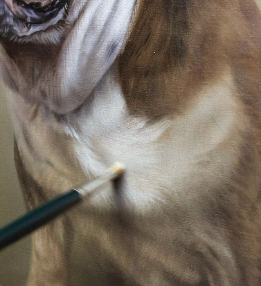 Close-up detail of the Bulldog's expressive eyes and textured fur in the oil portrait.