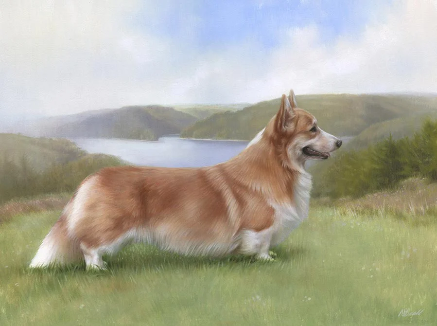 Oil painting of Luke, a charming Corgi dog, capturing his signature smile and attentive gaze, by Nicholas Beall.