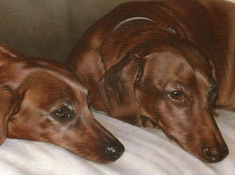 Oil painting of two Dachshunds, showing a mid-stage development with more details.