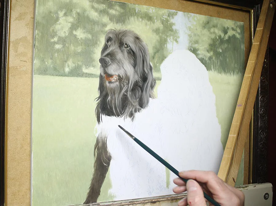 Two Dog Oil Painting – In Progress (Mid-stage) The two dog oil painting in progress, with more detailed rendering starting to emerge.