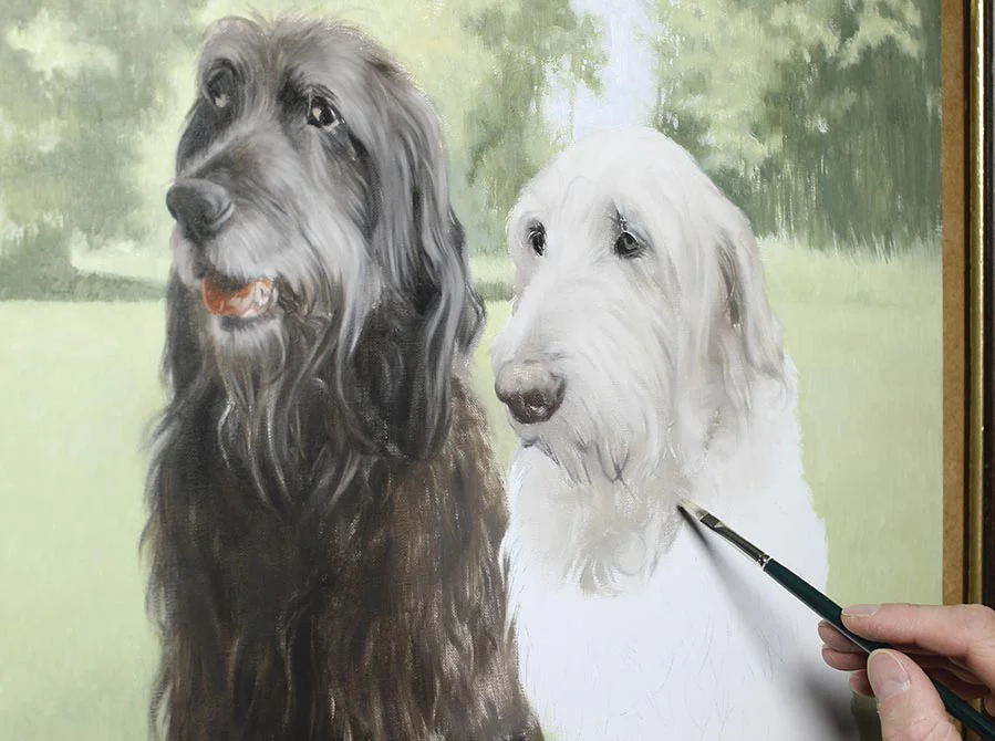 Layering Detail – Two Dog Portrait in progress Detailed layering in the two dog portrait, showing the build-up of texture and depth.