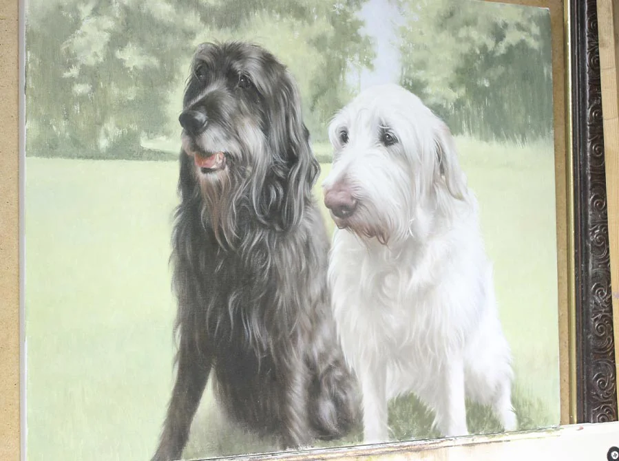 Two Dogs Oil Portrait – Close-Up in Progress Close-up view of the two dogs oil portrait in progress, highlighting the detailed brushwork on the fur.