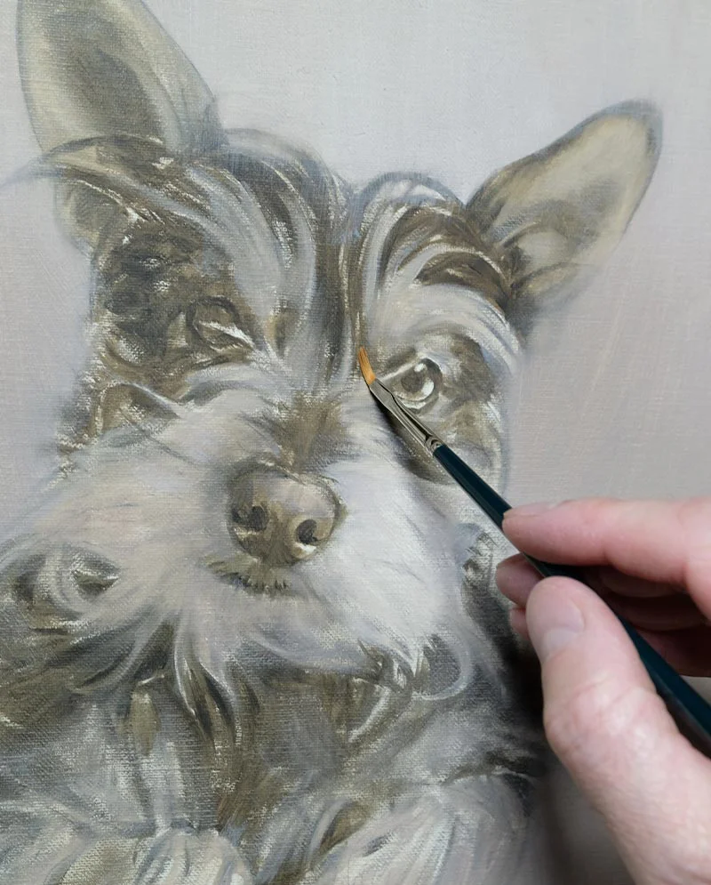 Dog Portrait in Oils – Work in Progress: Artist at work Nicholas Beall working on the dog portrait of Chucho, showing brush in hand during the painting process.