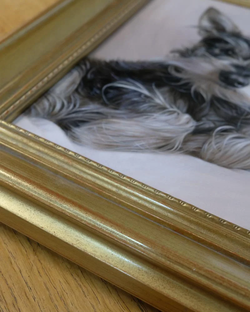 Dog Oil Portrait – Framed and Displayed in a home The finished dog oil portrait, beautifully framed and displayed in a home setting.