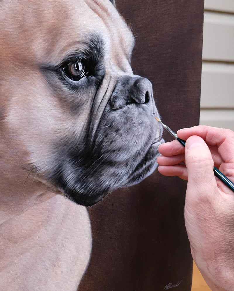 Dog Painting Detail – Eyes and Brushwork (Newman) Detailed view of Newman's oil painting, focusing on his eyes and the fine brushwork.