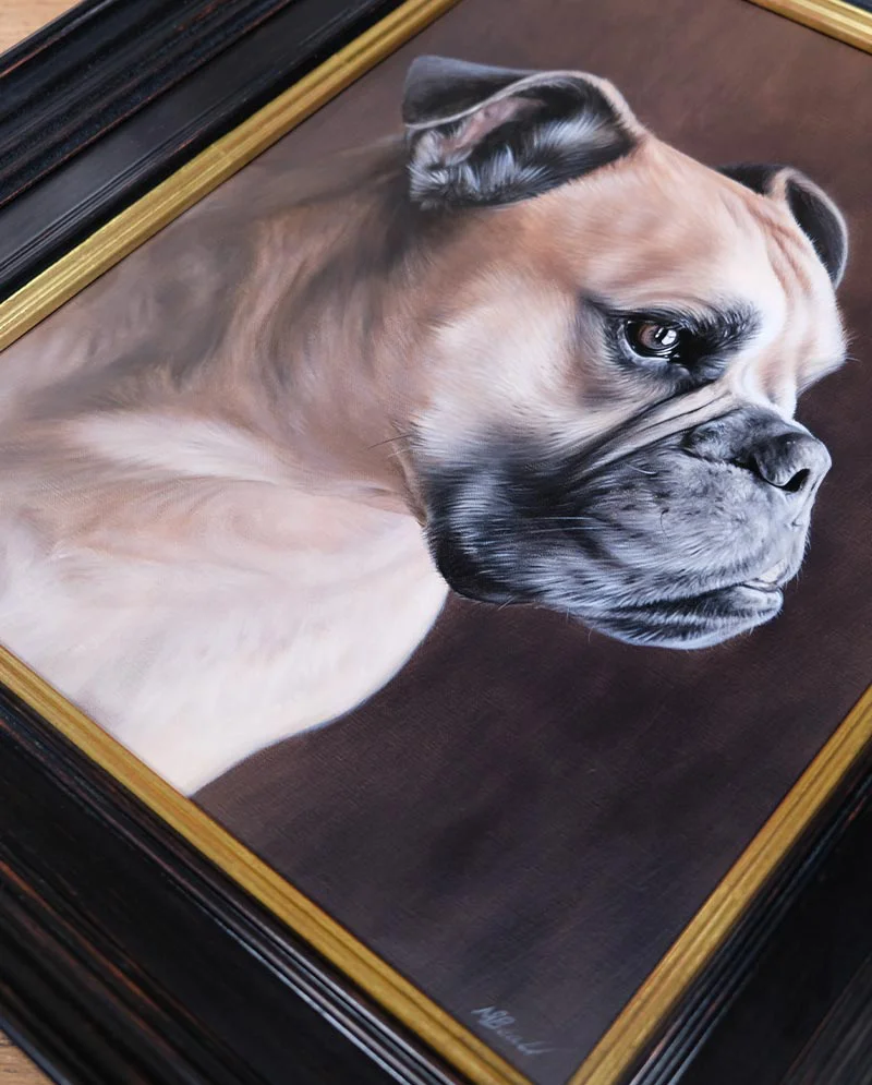 Framed Dog Oil Portrait on Display (Newman) The finished, framed oil portrait of Newman the dog, elegantly displayed on a wall.