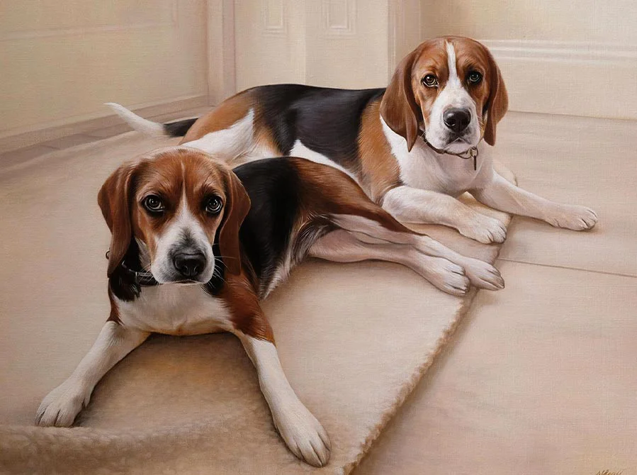 Oil painting of two Beagles, Max and Sam, with their distinct expressive faces.