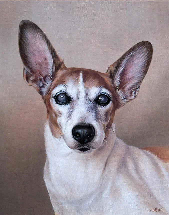 Oil painting of Dodge, a dog with a playful expression, by Nicholas Beall.