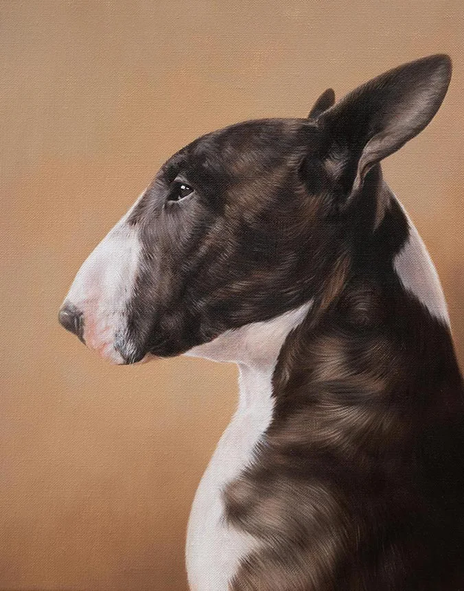Oil painting of Patton, a dignified dog with soulful eyes, by Nicholas Beall.